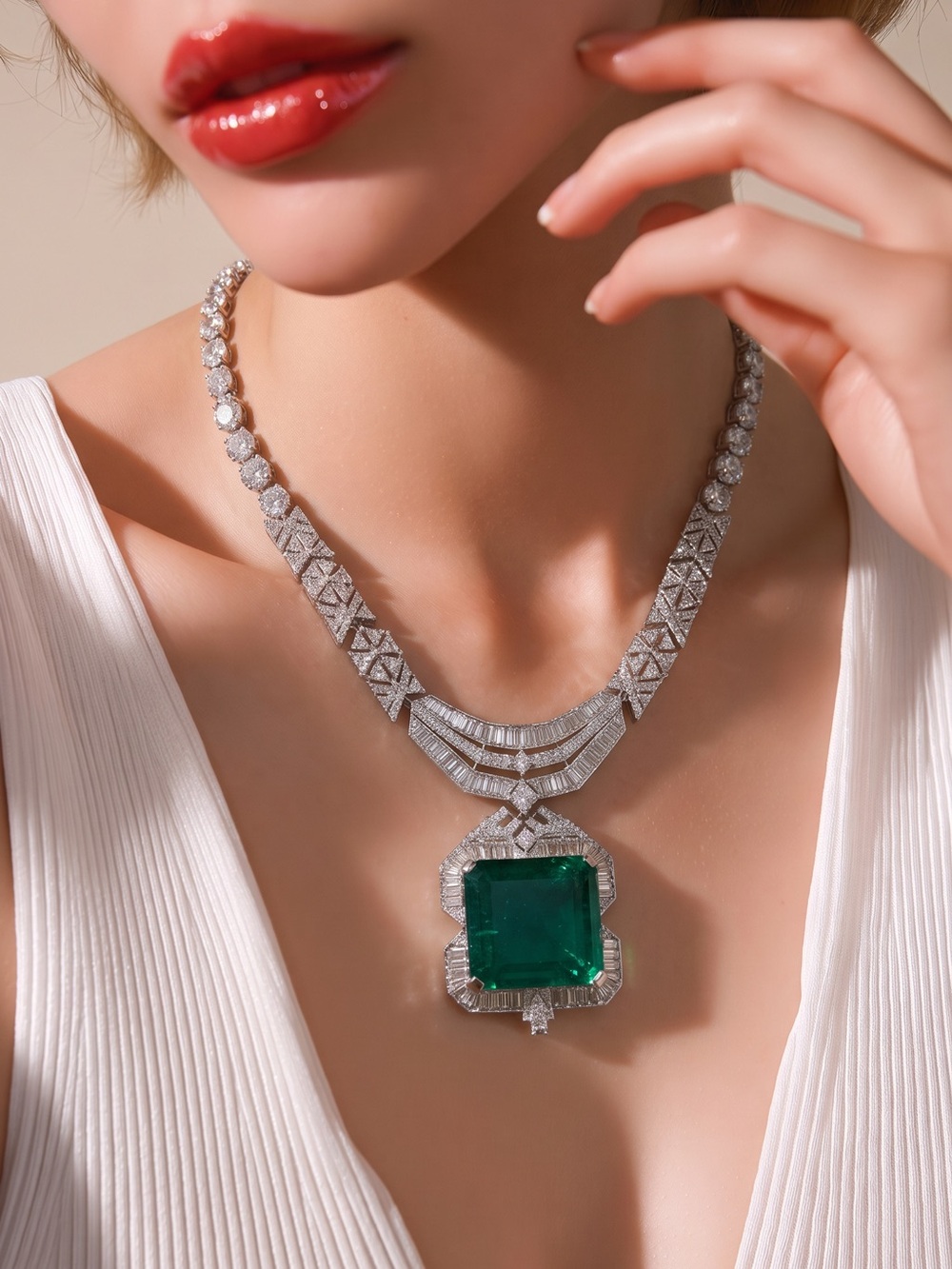 Elegant Green Emerald tone and Silver tone Statement Necklace set